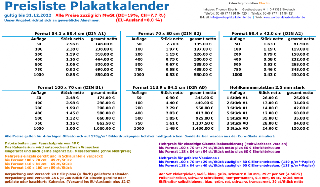 Preisliste Plakatkalender. Bitte klicken zum Öffnen als PDF